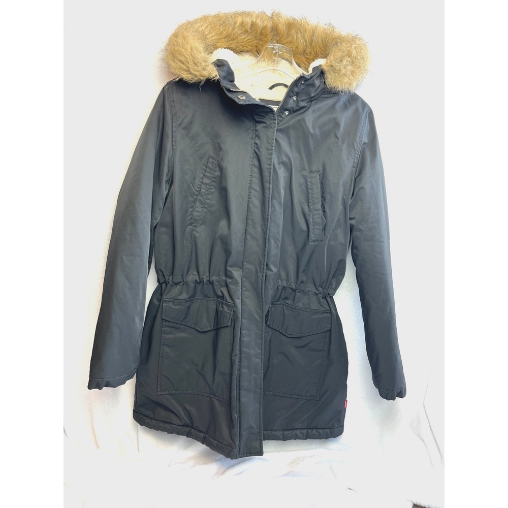 Levi's Womens Parka Hooded Sherpa Lined Faux Fur Black Winter Coat Anorak